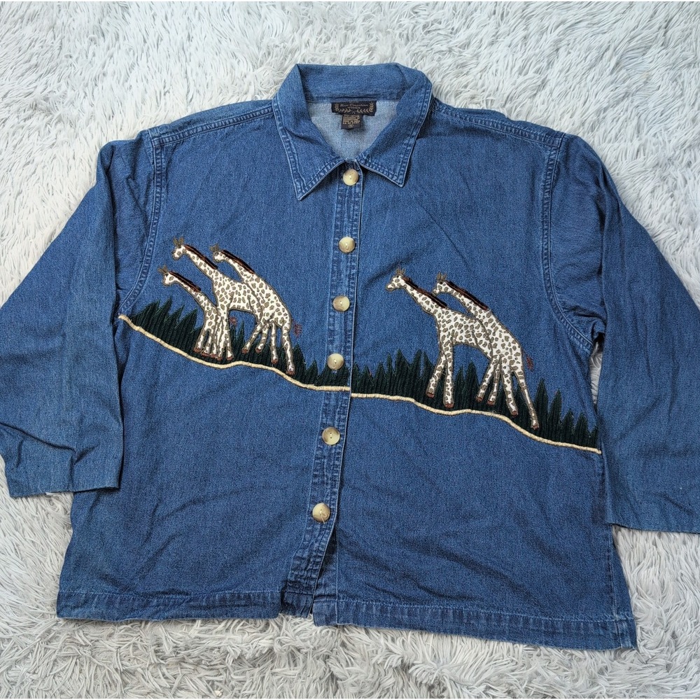 Vintage New Direction Shirt Womens 1X Blue Denim Giraffe Animal Africa Button Up